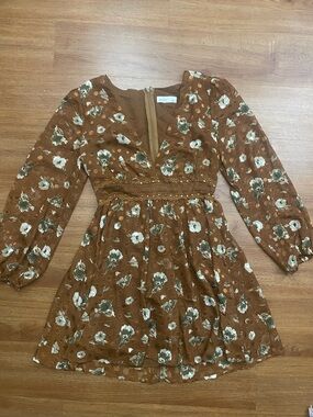 Floral Brown V-Neck Long Sleeve Mini Dress